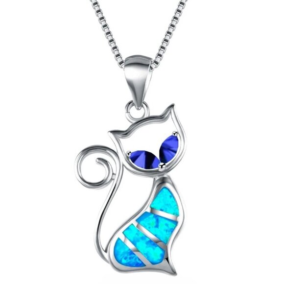sterling Jewelry - Hawaii Blue Fire Opal Sterling Silver Kitten Necklace